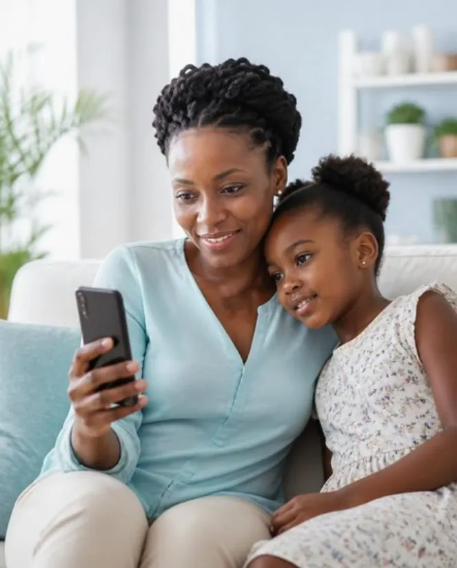 Une mère et sa fille consultent sur un téléphone